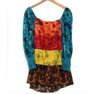 Alice and Olivia Rowen Floral Long Sleeve Tiered Cotton Minidress M